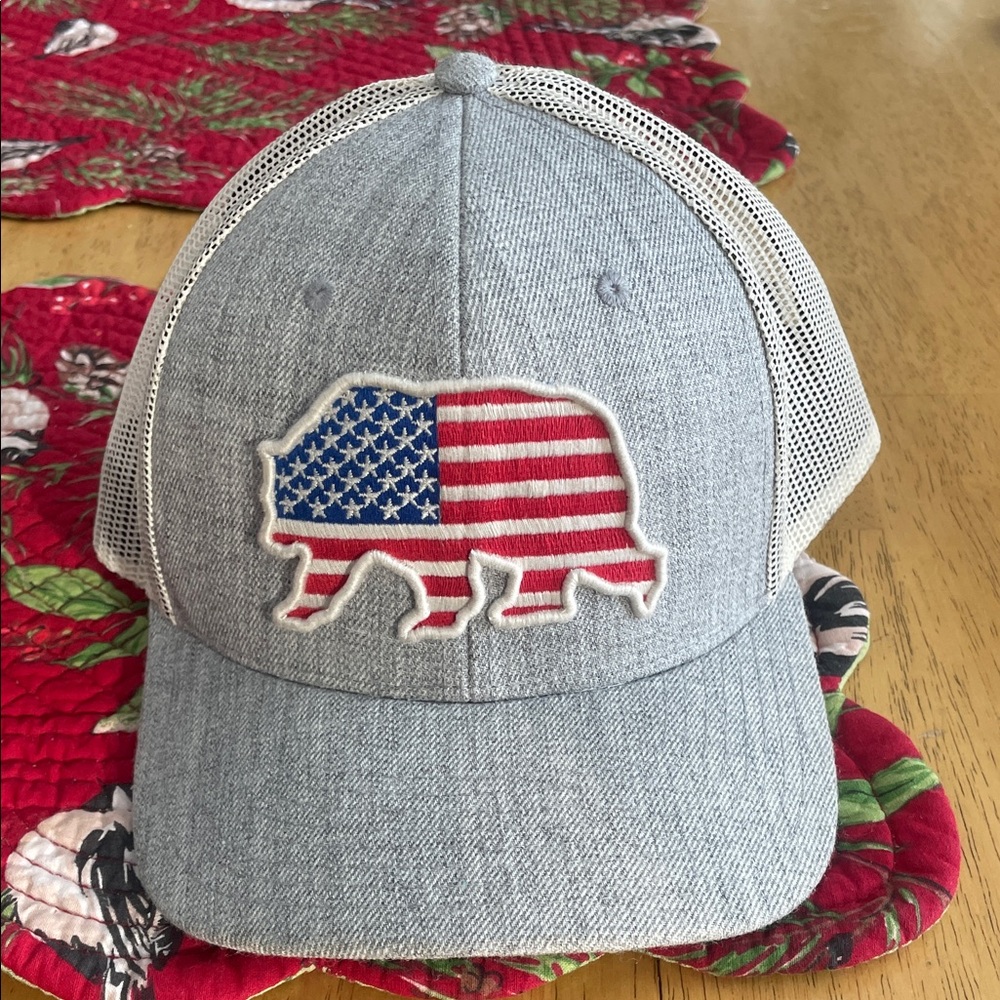 Gray Mesh Cap with American Flag Bear Design